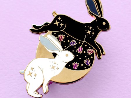 Black & White Hares and Moon Enamel Pin Cheap